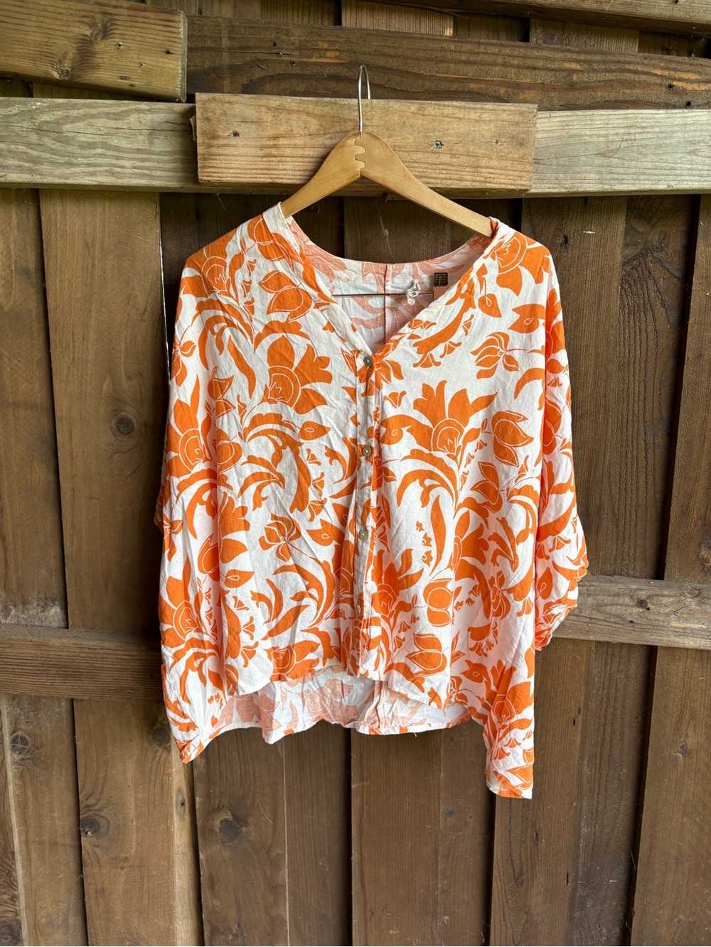 Christian Siriano Orange Floral Comfy Boho Resort Lagenlook Linen Top